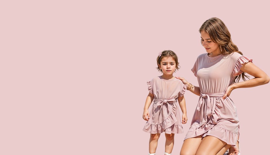 Madre e hija con vestidos rosas a juego sobre fondo suave, representando estilo y ternura en moda infantil y maternidad